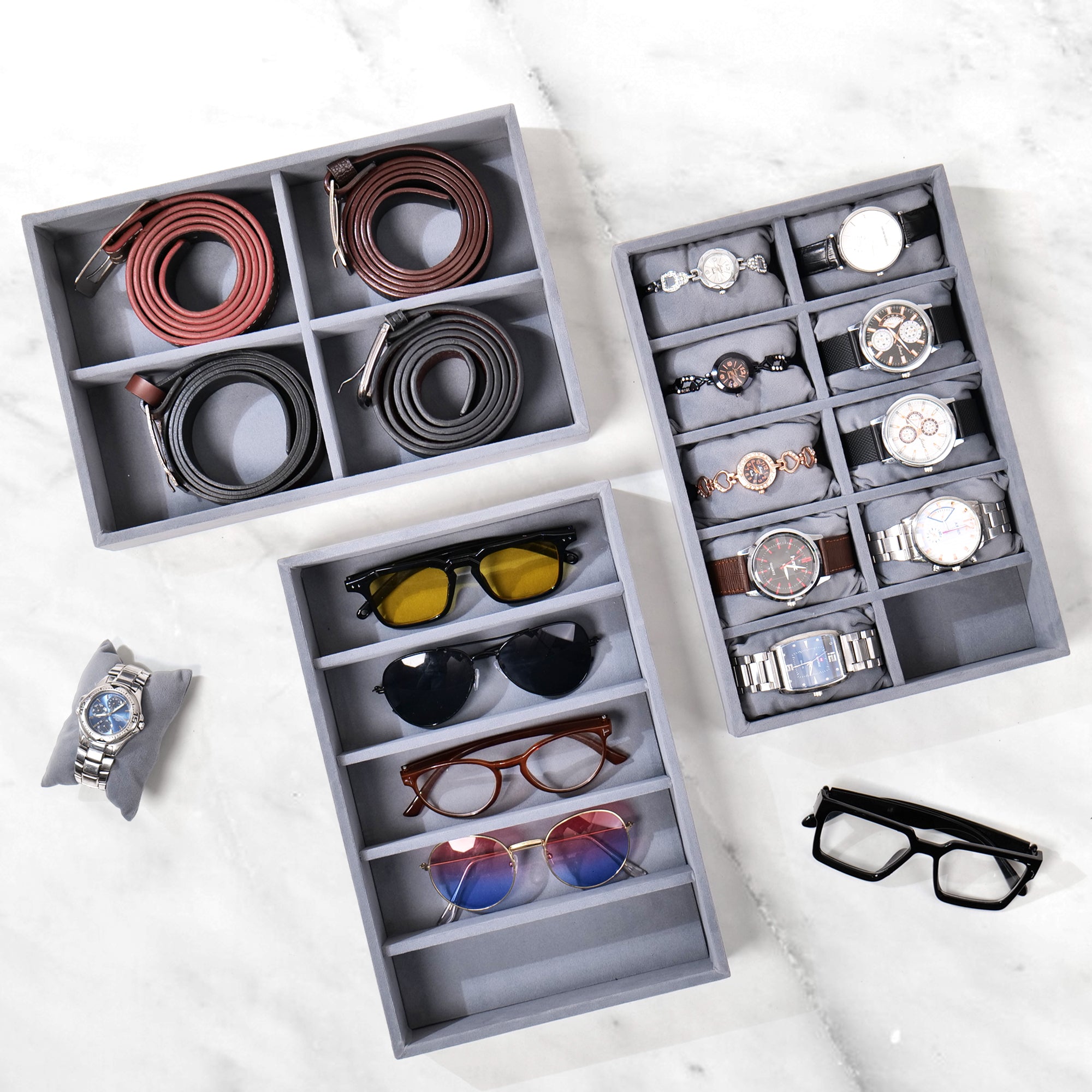 Grey Combo Organiser Tray for Watch, Belt & Sunglasses – La Trove.